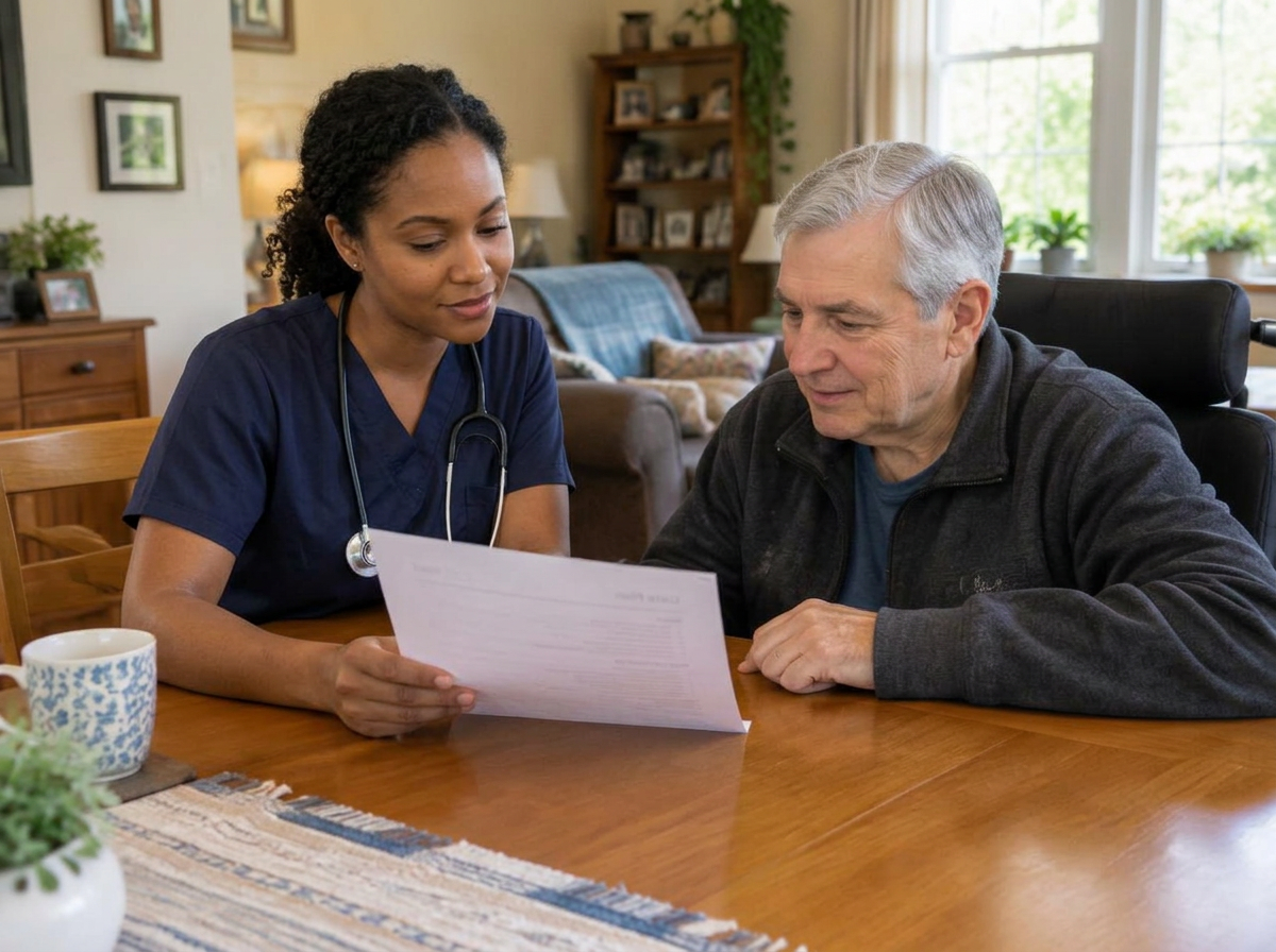 A nurse and a man sit at his dining table reviewing his support plan together.